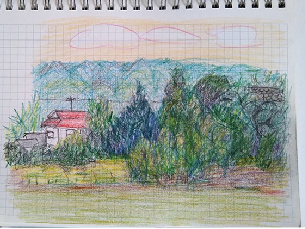 家から見た近所の景色をスケッチした色鉛筆画