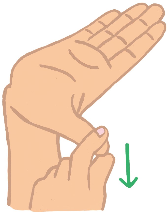 5．もう片方の手で親指を下方向に伸ばし、5秒間キープ。