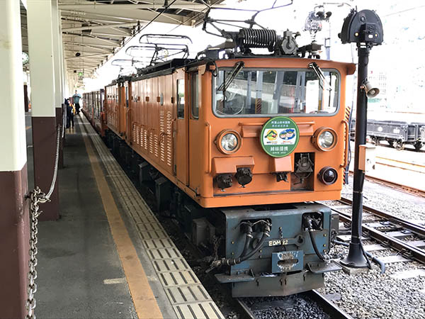 トロッコ電車を牽引する機関車。２両連結され（重連）、13両の客車を引っぱる