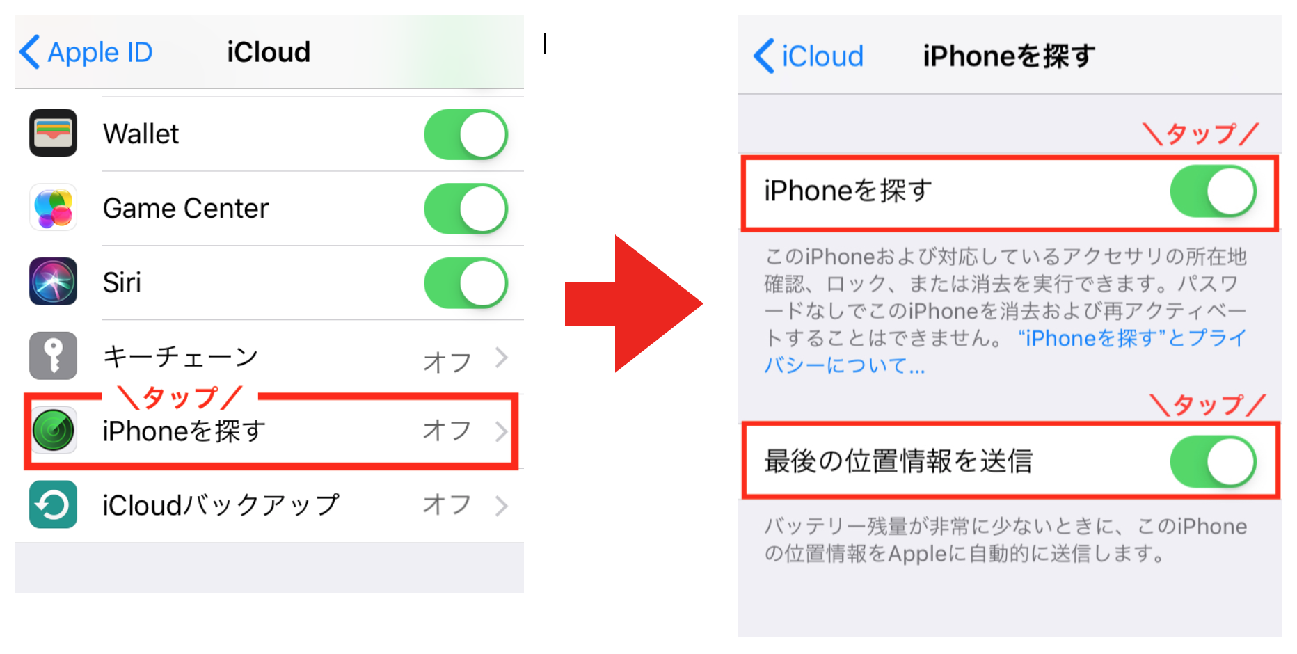 （３）画面を下から上になぞってスクロールし、「iPhoneを探す」を選択後、次の画面で右にあるスライダーをタップして「オン」に切り替えます。