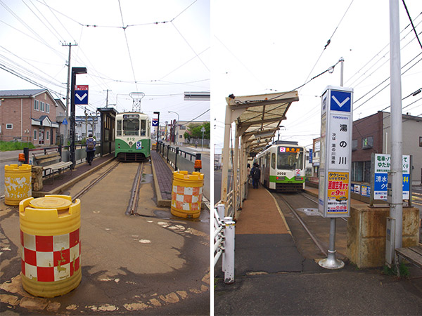 （左）終点・函館どつく駅（右）終点・湯の川駅