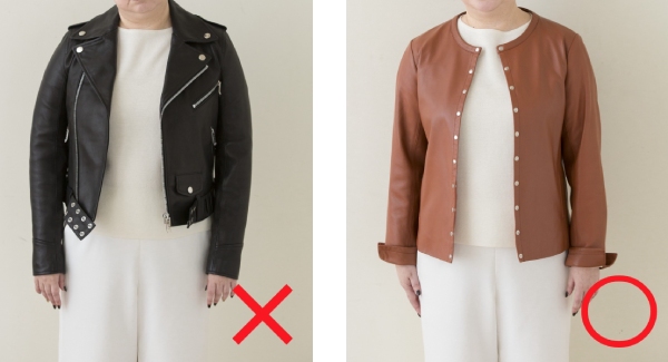 一般的なレザージャケット（左）はハードすぎて上品さに欠けるので、やわらかな革と襟のないデザイン（右）で女性らしく。
