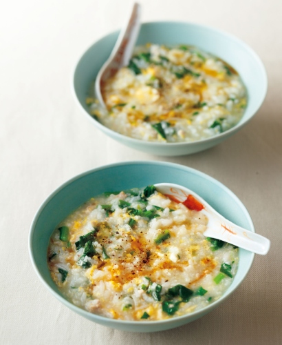 時短レシピ：青菜と卵の中華粥