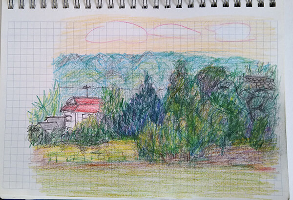 家から見た近所の景色をスケッチした色鉛筆画
