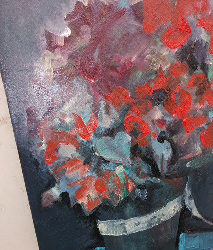 1枚1枚花びらを描かないでそれでも花に見えるようにしました。画面全体から感じてください。バックの色は補色を混ぜてグレーに仕上げました。