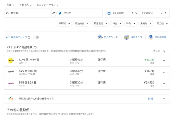 Googleフライトの台湾便HP