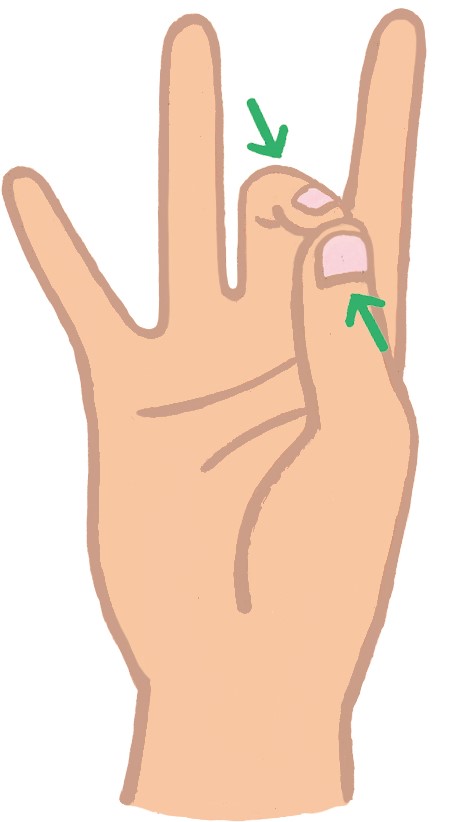 2．親指の腹と中指の腹をつけて、3秒間キープ。薬指と小指も同様に行う。
