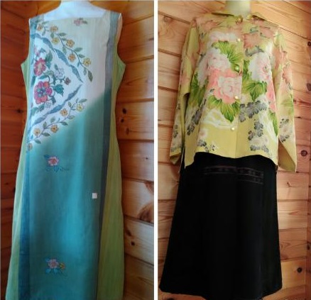 夏帯で作ったワンピース（左）とブラウスジャケット（右）。スカートは急きょ、無地の布と組み合わせて完成