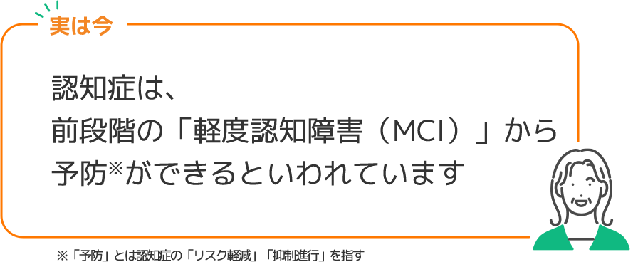 実は今 認知症は、前段階の「軽度認知障害（MCI）」から予防※ができるといわれています ※「予防」とは認知症の「リスク軽減」「抑制進行」を指す